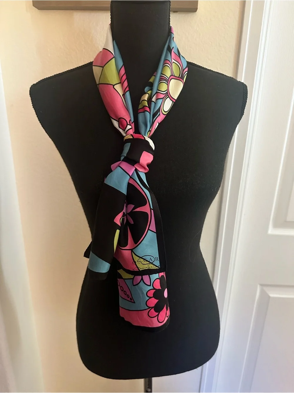 Oscar de la Renta Pink, Blue & Black Floral Silk Scarf